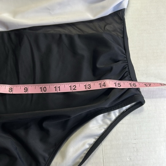 CUPSHE ASYMMETRICAL BLACK WHITE TUMMY CONTOURING ONE PEICE MESH MIDDLE SZ XL - Picture 16 of 16